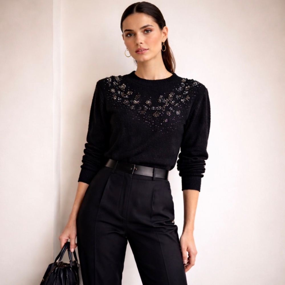 Vintage 80s Fair Set Black Beaded Sequin Sweater Small Glam